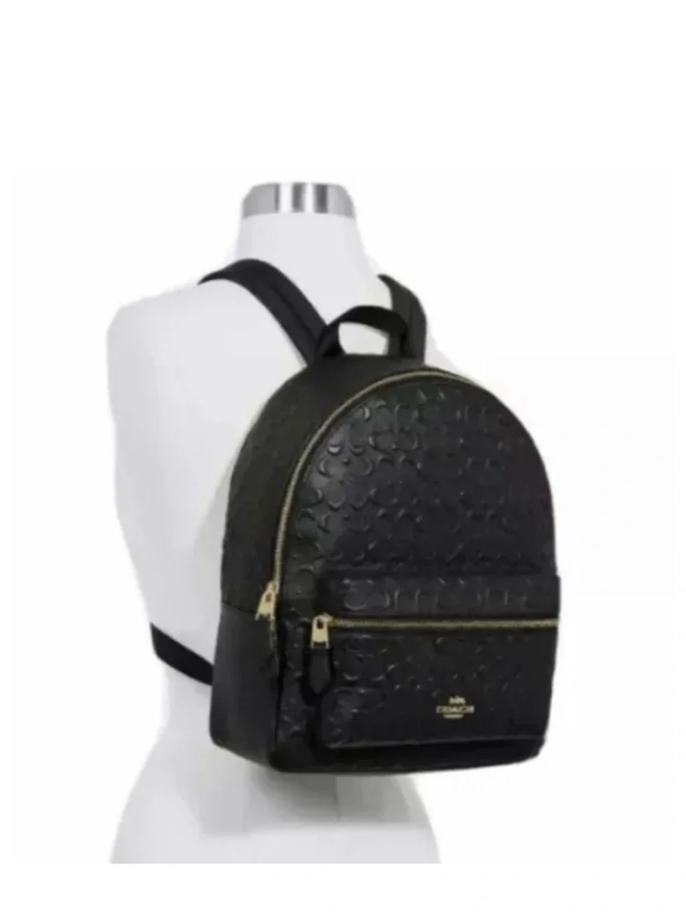 Coach Black Embossed Leather medium Charlie Backpack with Gold Hardware Accent